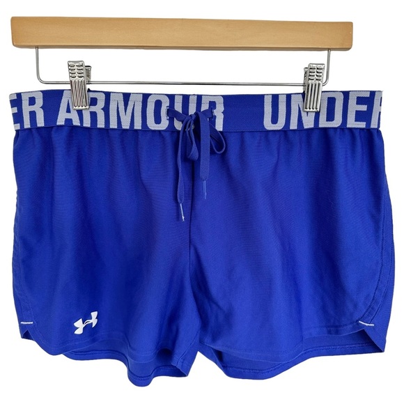 Under Armour Women's 3" Play Up Shorts Blue with Logo Waistband Size M - Picture 2 of 9
